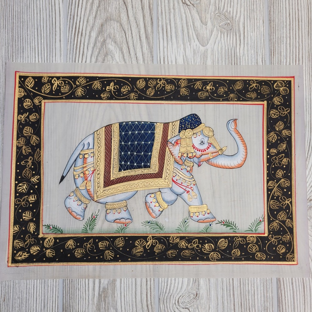 Indian Silk Painting Royal Elephant 10x13 Multicolor Gold Leaf Border Vtg Circus